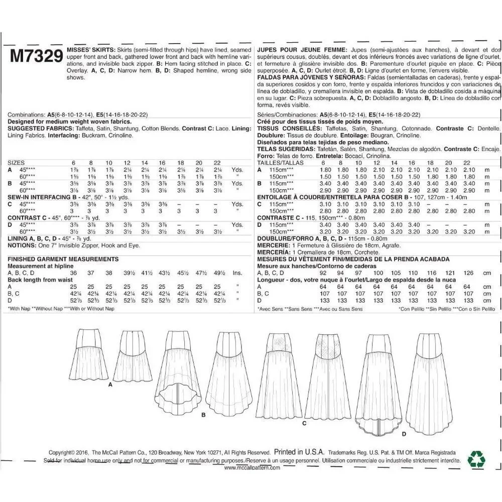 McCalls Sewing Pattern 7329 Skirt Various Length‎ Misses Size 6-14